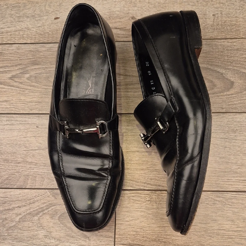 SALVATORE FERRAGAMO Fenice Black Leather Horsebit Sz‎ 10 EE Mens Loafers Shoes